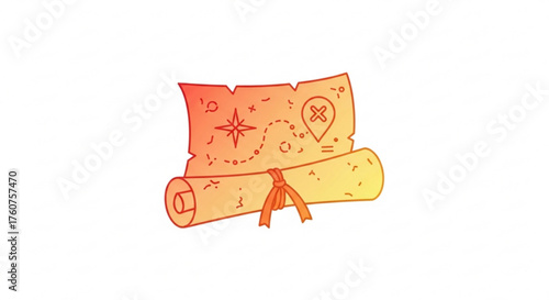 Old treasure map with compass and route to the hidden treasure, cartoon illustration for adventure and travel