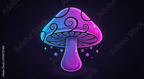 A luminous, stylized mushroom with swirling patterns on its cap radiates a magical aura against a deep, dark background, fantasy illustration