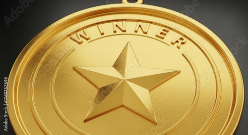 A gleaming gold medal with a prominent star at the center symbolizes victory and achievement, , close up shot