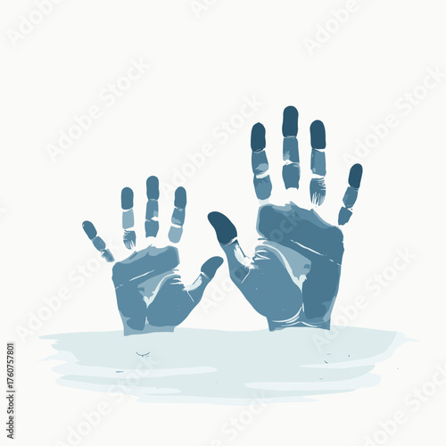 Large adult handprint and a small child's handprint side by side in the snow