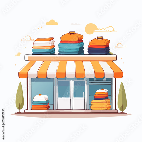 Laundry shop illustration with folded clothes and orange striped awning
