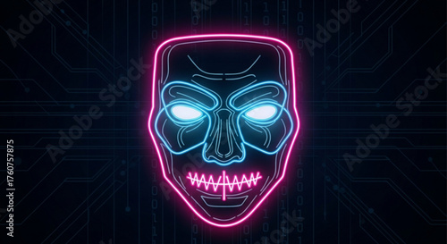 A sinister neon mask glows ominously, representing anonymity, rebellion, and the dark side of technology in a dystopian future