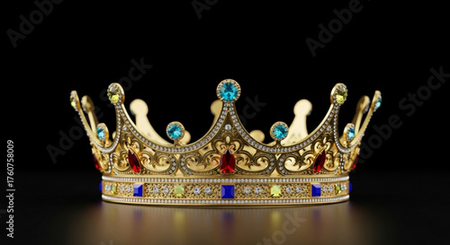 A golden crown adorned with colorful jewels, a symbol of royalty and power, perfect for a king or queen, isolated on