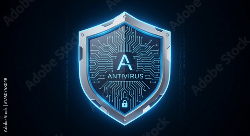 Futuristic antivirus shield with circuit patterns and glowing blue accents, symbolizing digital security and protection against cyber threats