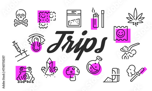 Trips poster. Trips poster design with educational icons. Syringe, Capsule, Cannabis, Mushroom, Pill icons. Simple poster for presentations, covers. Banner template. Vector illustration.