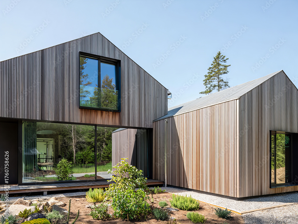 Fototapeta premium Contemporary wooden house with vertical cladding and large glass windows in natural setting 
