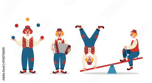 Circus performers entertain with juggling music and acrobatics.