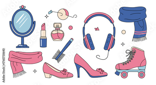 A collection of feminine accessories and personal care items presented in a flat design.