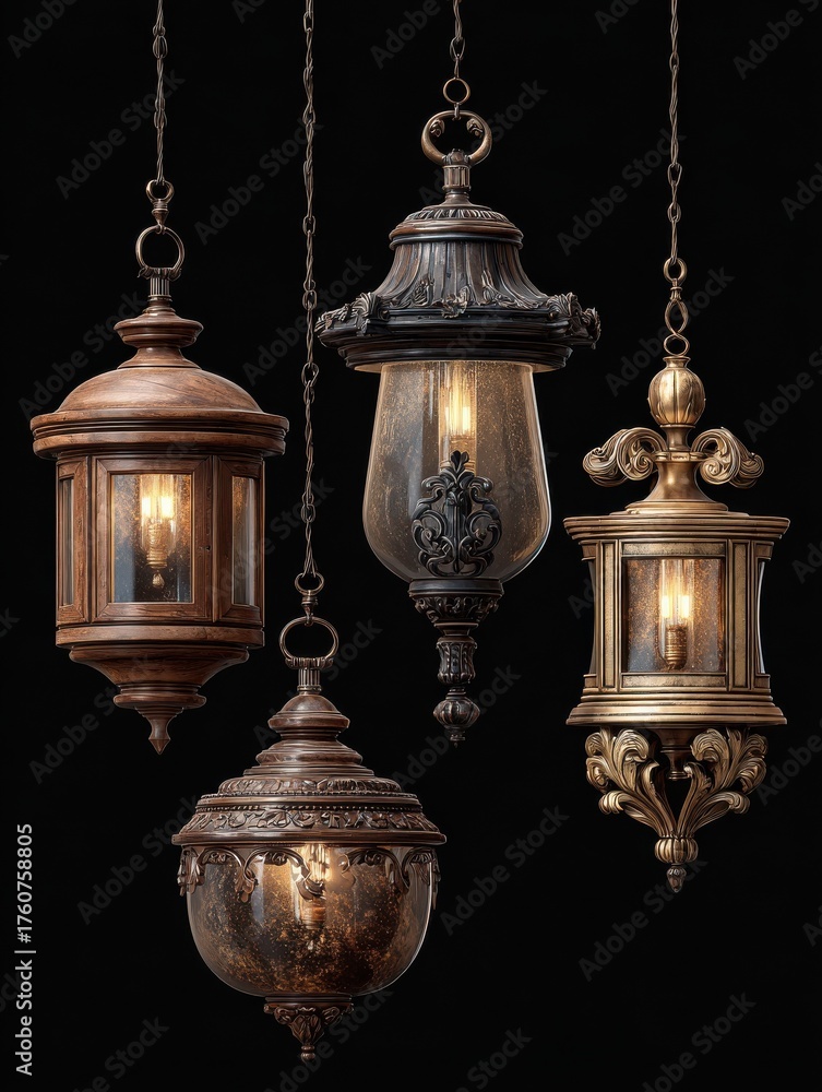Obraz premium ornate pendant lamp set including classic metal carved wood and antique brass fixtures isolated elegant interior design and decorative lighting collection