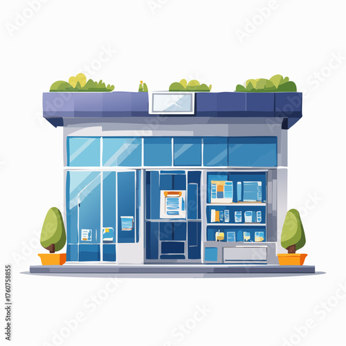 Modern storefront illustration with blue and white color scheme