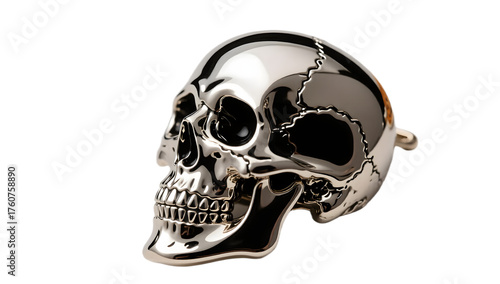 A chrome Halloween badge featuring a skull side profile realistic lighting glossy finish plain background