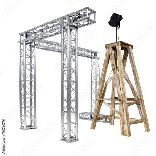 Architectural metal scaffolding adjacent to a wooden stage with a spotlight