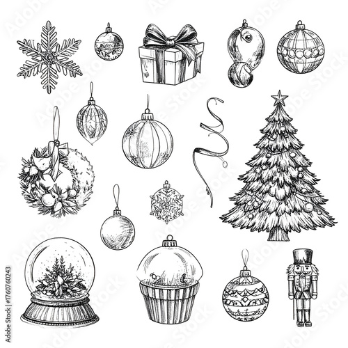 Detailed black and white festive illustration with ornaments, snow globe, and a Christmas tree