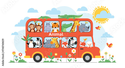 A lively double-decker bus full of diverse animals enjoying a sunny day adventure.
