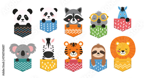 Cute cartoon animals peeking out of colorful pockets for kids.