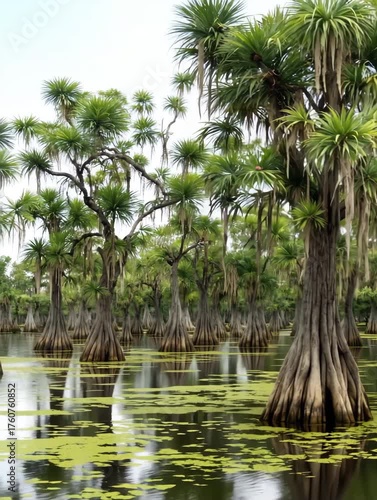 Serene bald cypress swamp landscape with calm water and exposed root knees