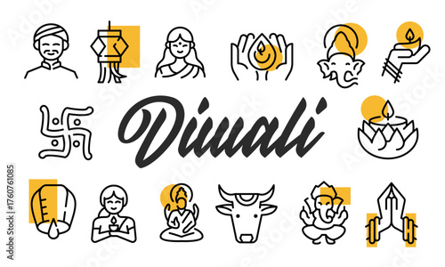 Diwali poster. Diwali poster design with Candle, Lotus, Ganesh, Swastik, Lamp icons. Simply poster for presentations, covers. Banner template. Vector illustration.