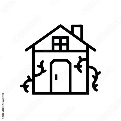Beautiful cozy house with cobblestone driveway and trees Line Art Vector illustration