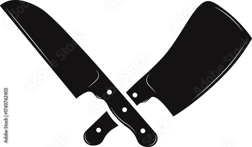 Crossed chef knife and butcher cleaver creating silhouette logo