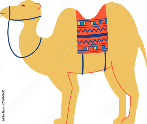 Dromedary camel with saddle standing transporting goods