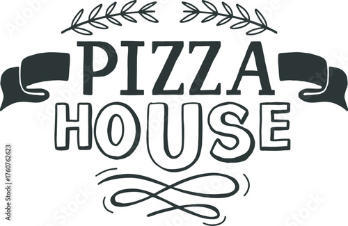 Pizza House lettering design with scroll and olive branches