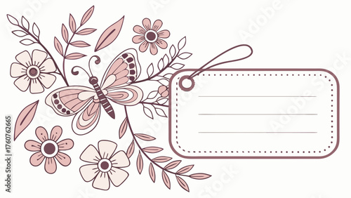 A decorative tag with a butterfly, flowers, and leaves, ready for a personalized message or label design use