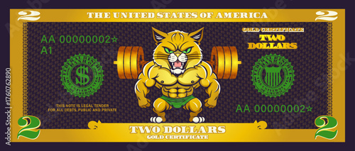 Vector obverse of cartoon US banknote. Gold certificate, denominated in 2 american dollars. Toon powerful, muscular cat and barbell. Game golden money. Two. Puss and bodybuilding