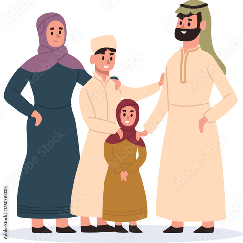 Muslim family posing smiling with traditional clothing illustration