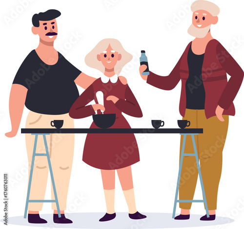 Family generations cooking together enjoying breakfast time