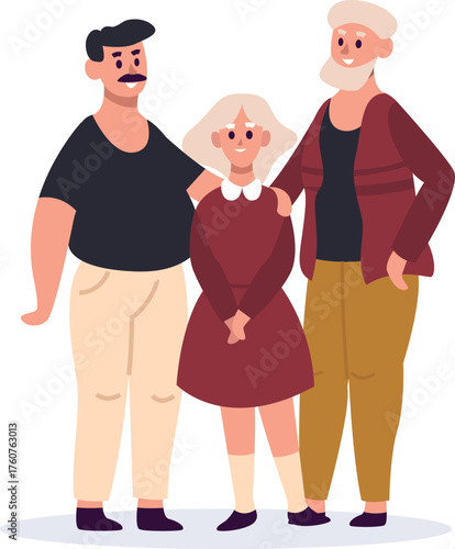 Three generations family standing together cartoon illustration
