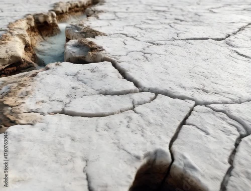 Cracked Earth with Water in a Dry Landscape Under Bright Sunlight