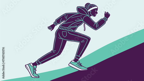 A person running uphill wearing a hooded tracksuit and sneakers against a light and dark gradient background