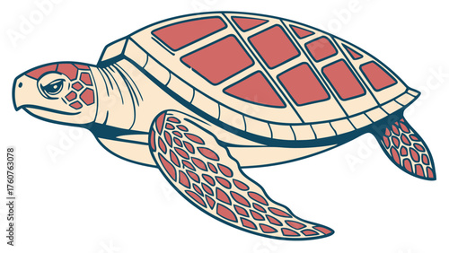 A drawing of a sea turtle with a pink shell swimming in the ocean with a white background illustration