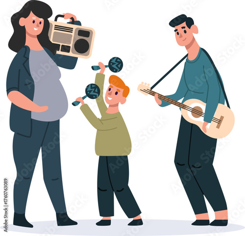 Family playing music together expecting new baby