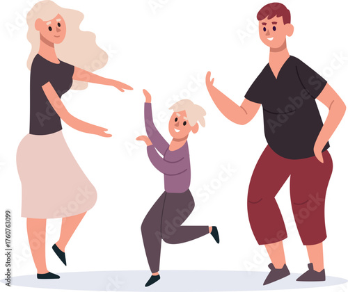 Happy family dancing together, enjoying leisure time at home