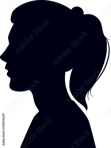 Woman silhouette profile with ponytail against white