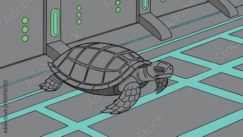 A mechanical turtle walking on a gray floor with green accents in a futuristic looking room environment scene