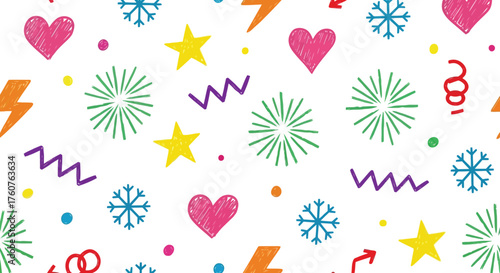 Colorful Hand Drawn Geometric Shapes Seamless Pattern on White Background