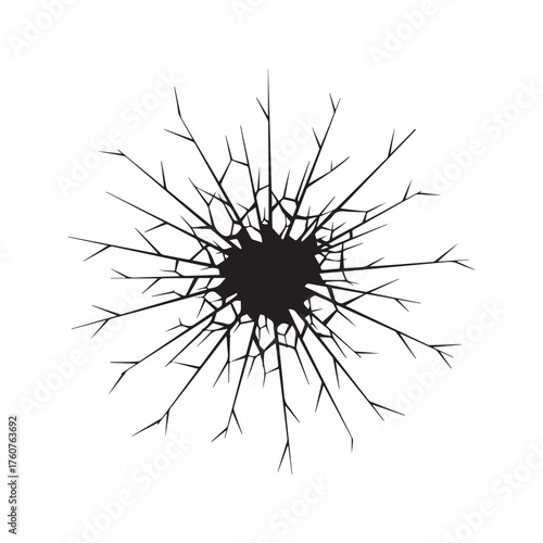 Abstract cracked hole silhouette. Vector graphic of a shattered surface, showing destruction, damage, or impact effect on a wall, glass, or ground. Isolated on white.
