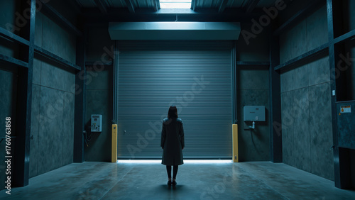 Person stands dimly lit industrial space, facing large closed shutter door. atmosphere is mysterious and contemplative, evoking sense