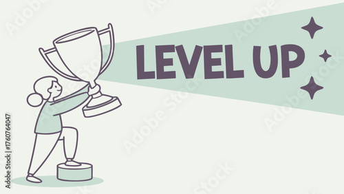 A woman climbs steps holding a trophy with the words level up and stars in a light green background area