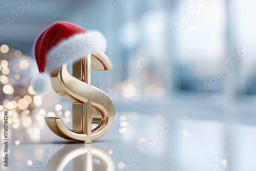 A golden dollar symbol wearing a Santa hat is showcased on a bright surface, surrounded by soft, glowing holiday lights, highlighting themes of Christmas shopping and finance