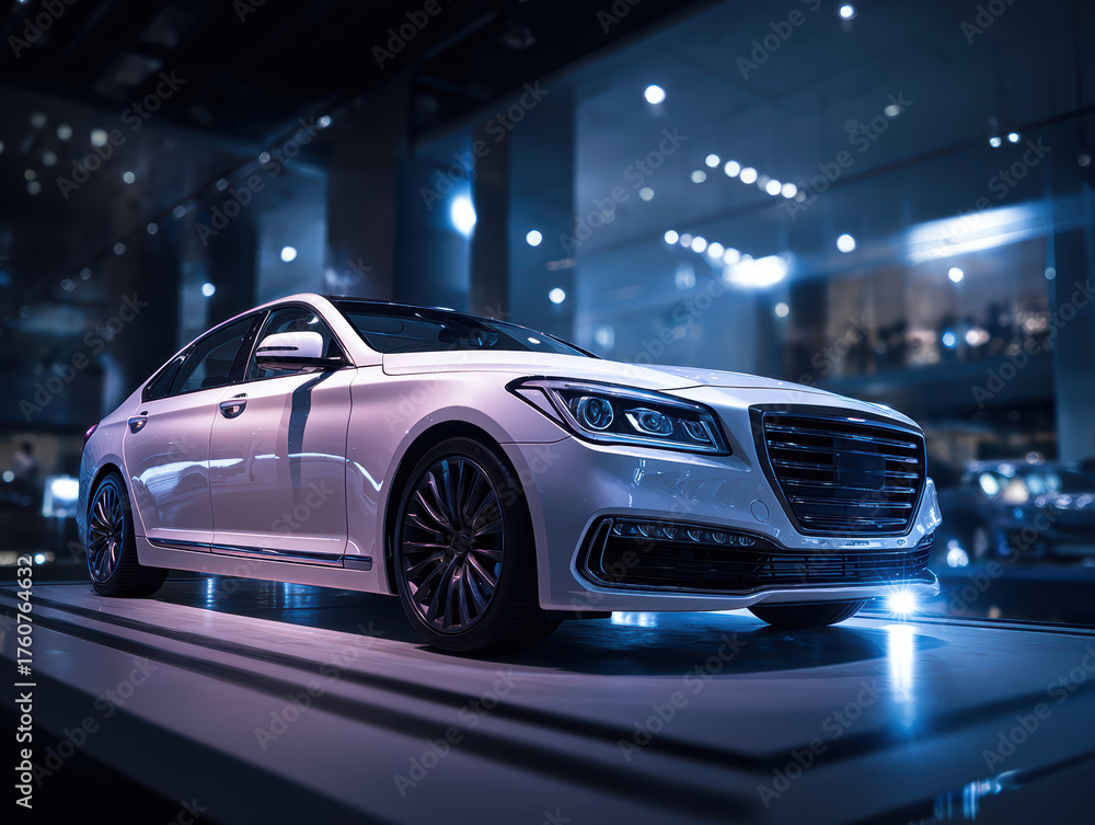 Naklejka premium Luxury car showroom. Luxury sedan positioned on elevated display platform, showroom background, perfect for automotive hero product and desire creation concept. Car dealership office.