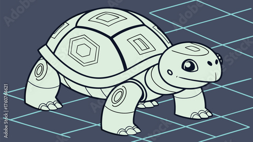 A cartoon illustration of a turtle with geometric shapes on its shell standing on a blue grid background