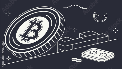 A large bitcoin coin rolling down a slope with blocks and other coins near a crescent moon in the sky