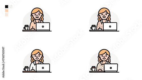 Cheerful Young Woman Working on Laptop with Coffee Mug Illustration