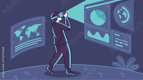 A person wearing a vr headset interacting with floating data visualizations in a virtual environment space