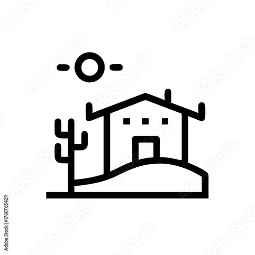 Desert style modern adobe home with surrounding cactus Line Art Vector illustration