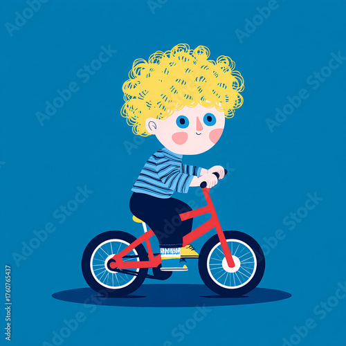 Joyful Little Cyclist on a Red Bicycle – Playful Illustration on Bright Blue Background made with generative AI