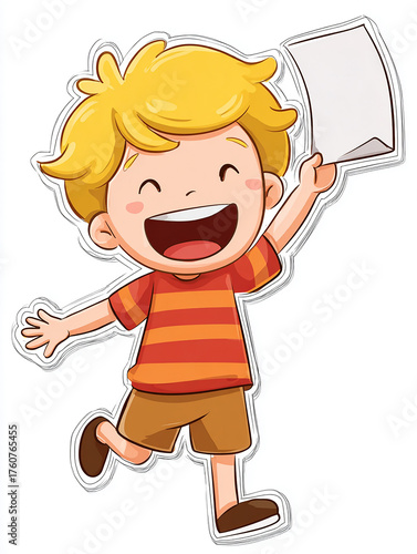 Happy Little Boy Jumping with a Blank Piece of Paper – Cheerful Illustration made with generative AI